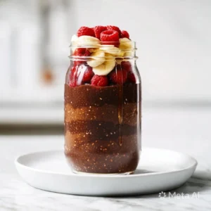 Chocolate chia pudding with Greek yogurt in a bowl topped with berries