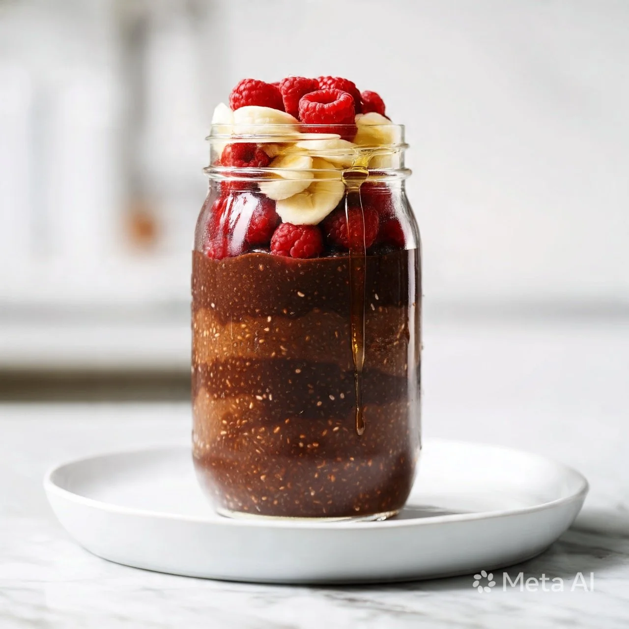 Chocolate chia pudding with Greek yogurt in a bowl topped with berries