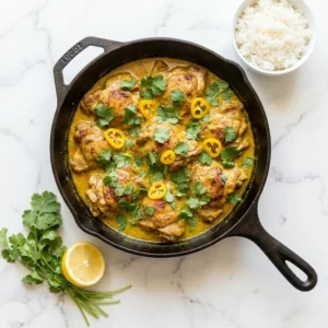 Plate of creamy Churu Yellow Chicken with vibrant spices reminiscent of Peru.