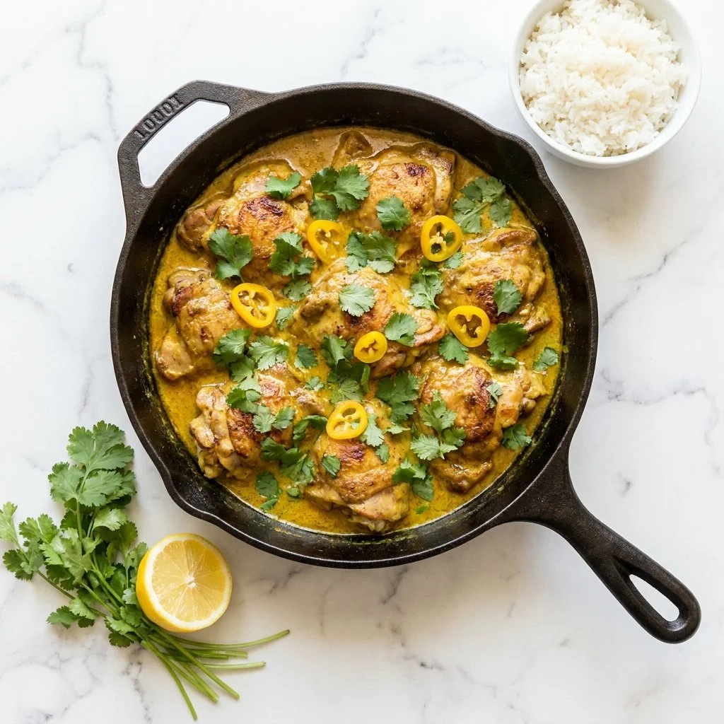 Plate of creamy Churu Yellow Chicken with vibrant spices reminiscent of Peru.
