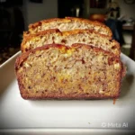 Loaf of classic banana bread with slices on a wooden table