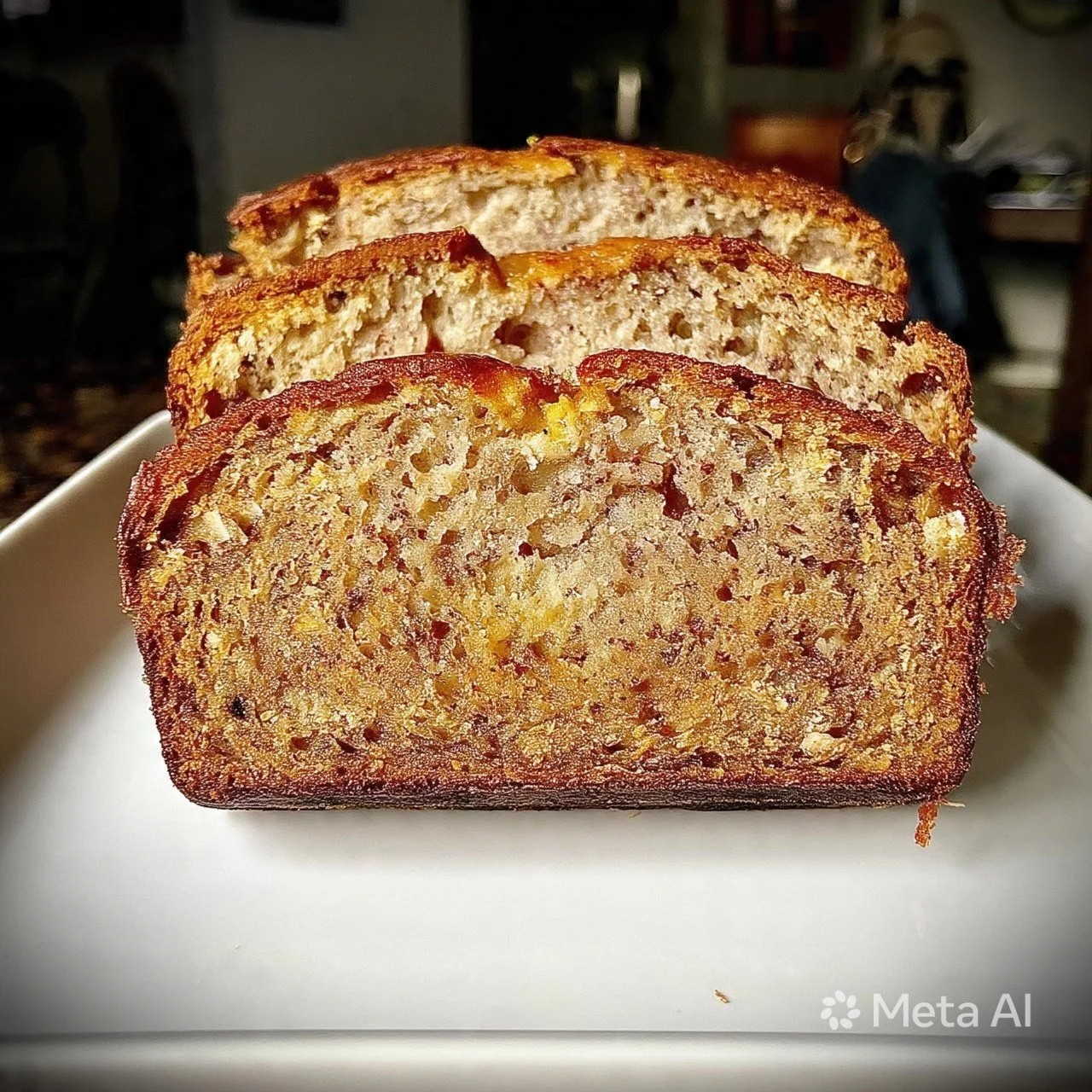 Loaf of classic banana bread with slices on a wooden table