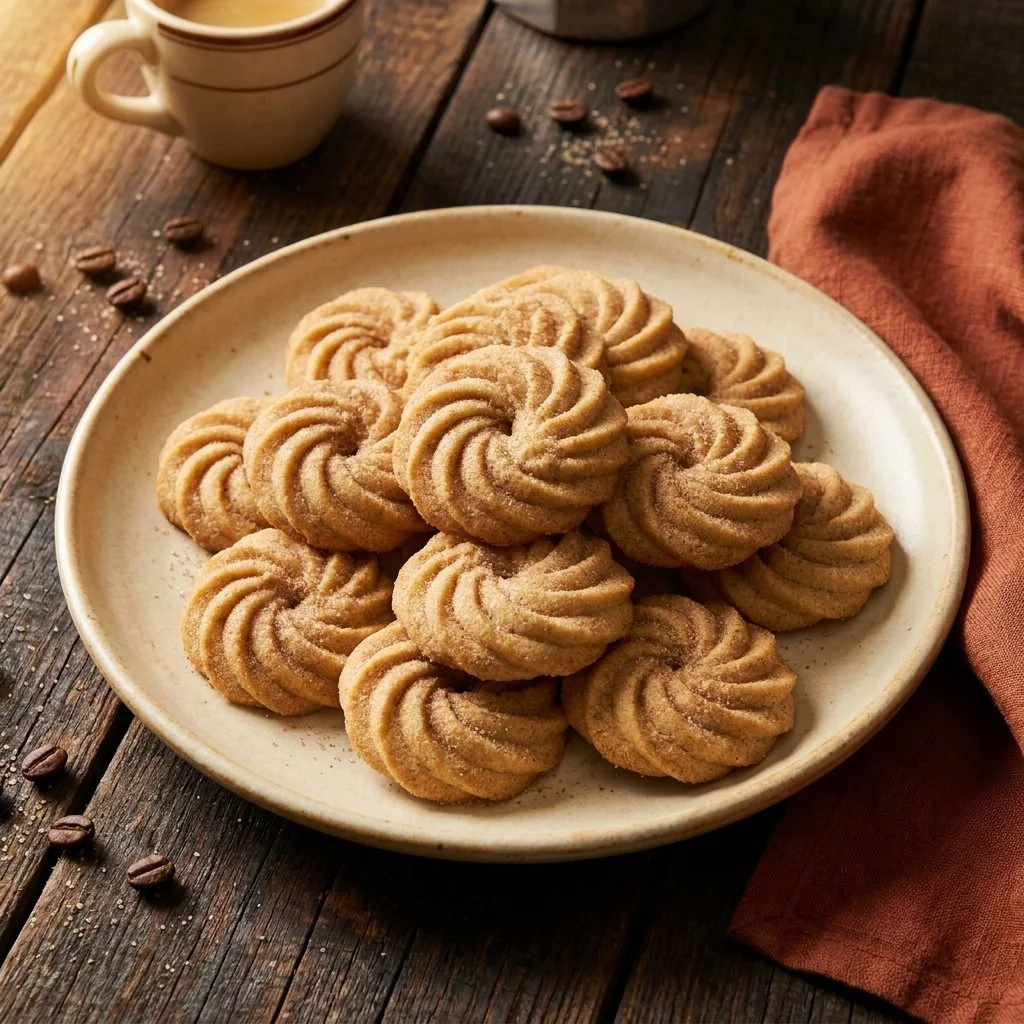 Delicious homemade Coffee Butter Cookies on a rustic wooden table