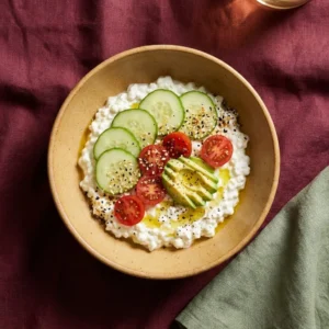 Cottage cheese bowl topped with fresh fruits and nuts for a healthy meal option.