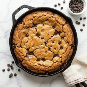 Cottage Cheese Chocolate Chip Cookie Skillet topped with melted chocolate chips