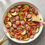 Cottage Cheese Egg Bake featuring Chicken Sausage on a serving plate
