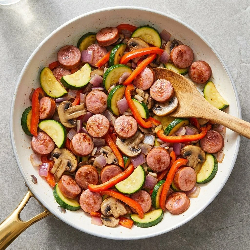 Cottage Cheese Egg Bake featuring Chicken Sausage on a serving plate