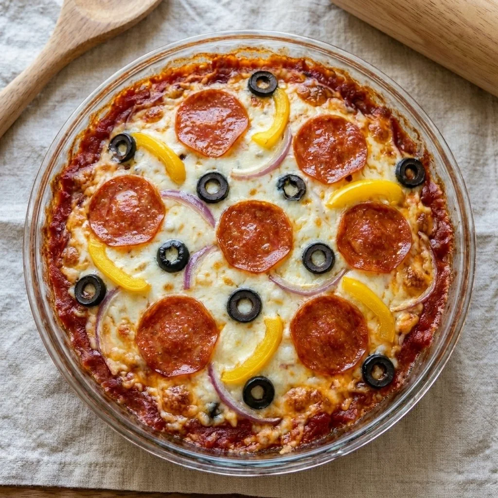 Cottage Cheese Pizza Bowl topped with Pepperoni on a wooden table
