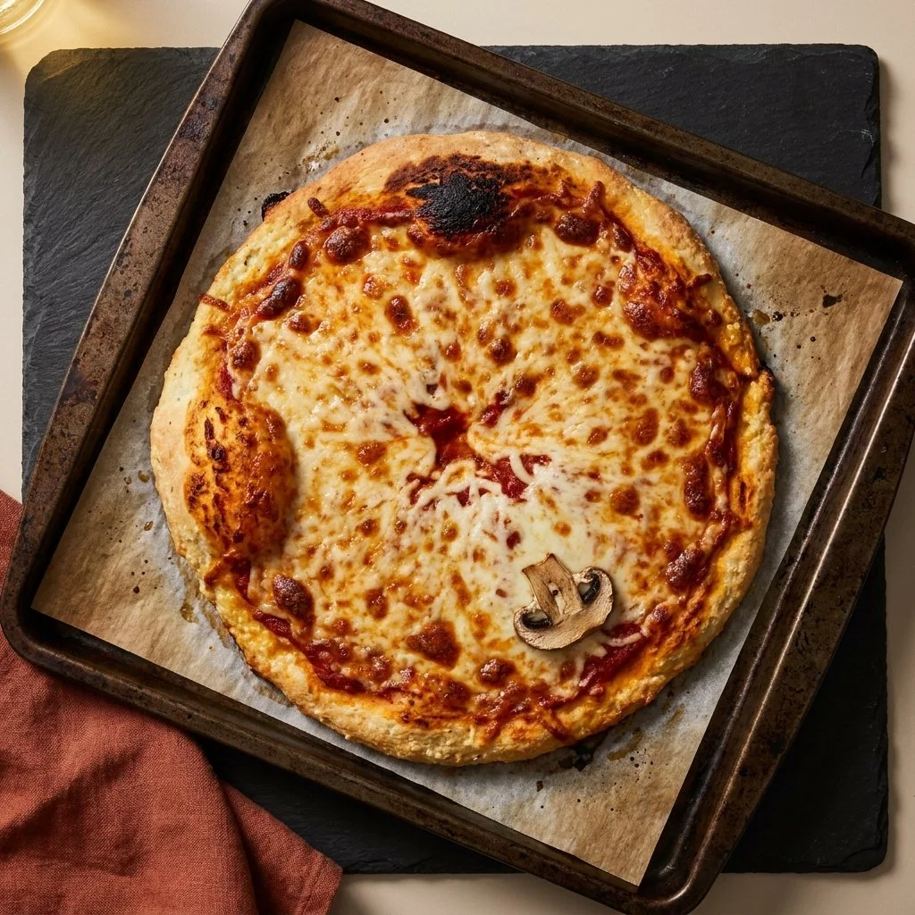 Cottage cheese pizza crust topped with fresh vegetables and cheese.