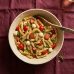 Creamy Caprese pasta salad with fresh mozzarella, tomatoes, and basil
