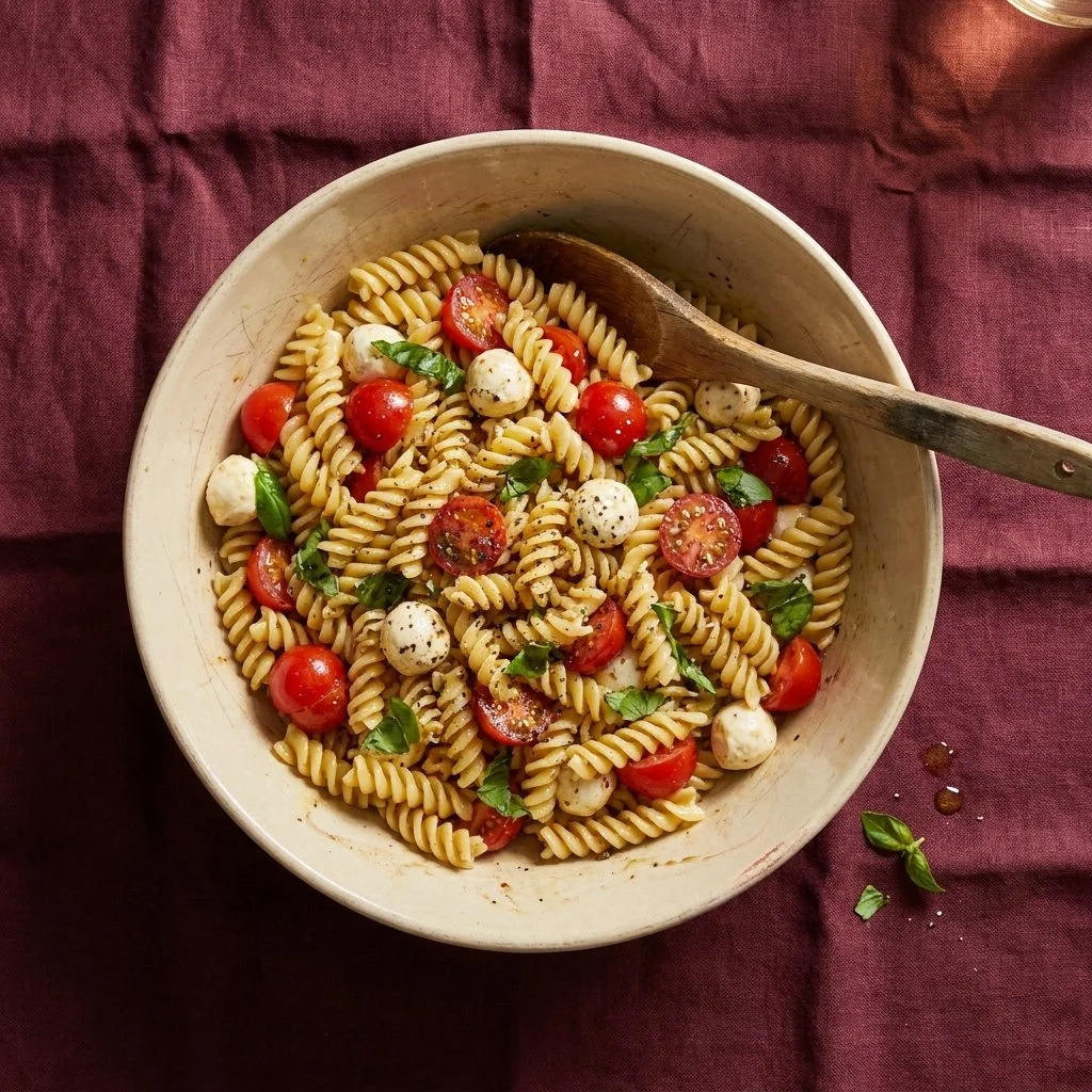 Creamy Caprese pasta salad with fresh mozzarella, tomatoes, and basil