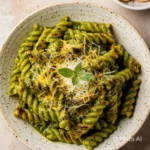 Bowl of creamy cottage cheese pesto pasta garnished with fresh basil.