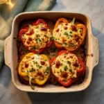 Creamy keto low carb stuffed bell peppers topped with cheese and herbs
