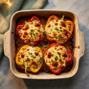 Creamy keto low carb stuffed bell peppers topped with cheese and herbs