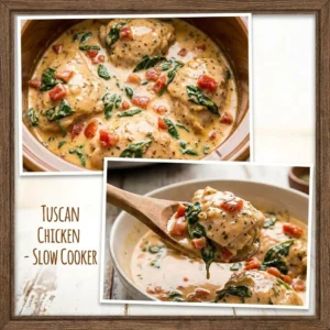 Creamy Tuscan chicken dish made in a crockpot, garnished with herbs.