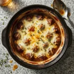 Delicious slow-cooked Crockpot French Onion Meatballs with melted cheese and caramelized onions.