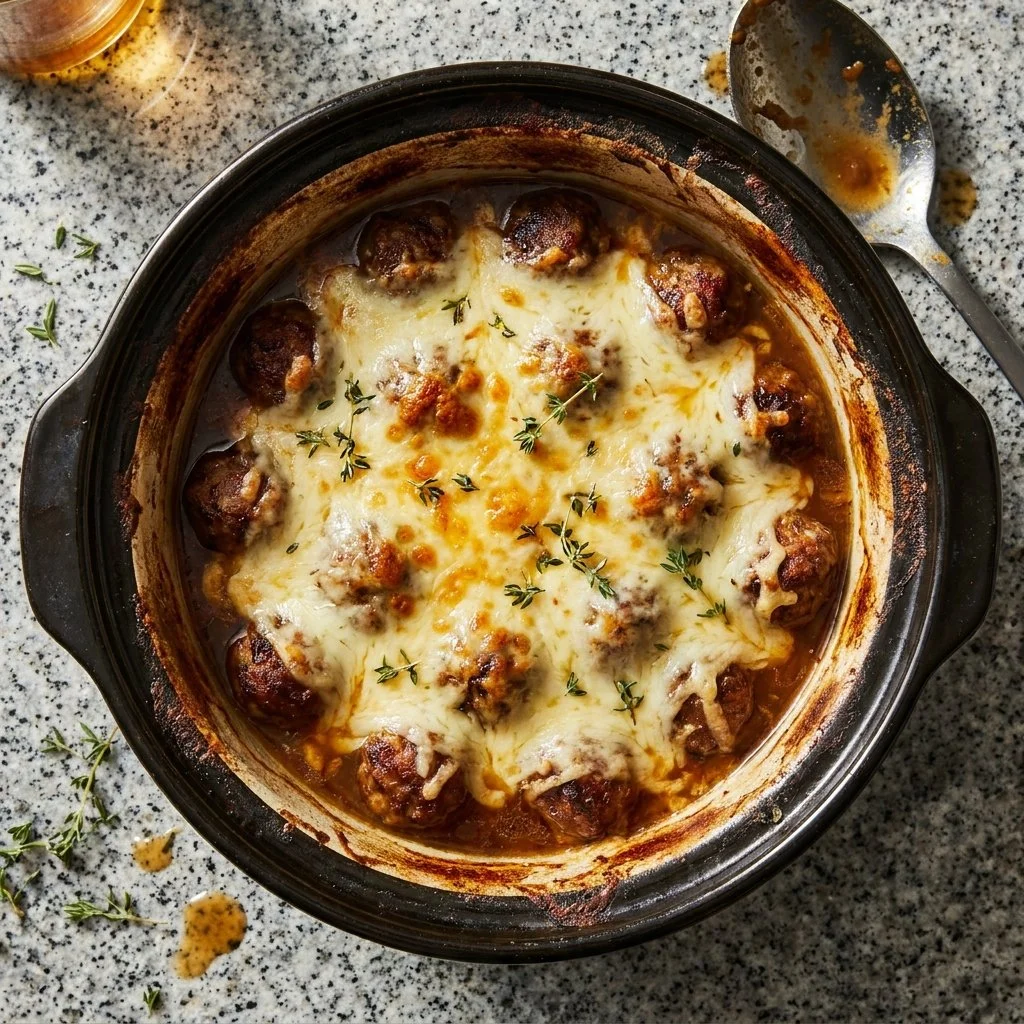 Delicious slow-cooked Crockpot French Onion Meatballs with melted cheese and caramelized onions.