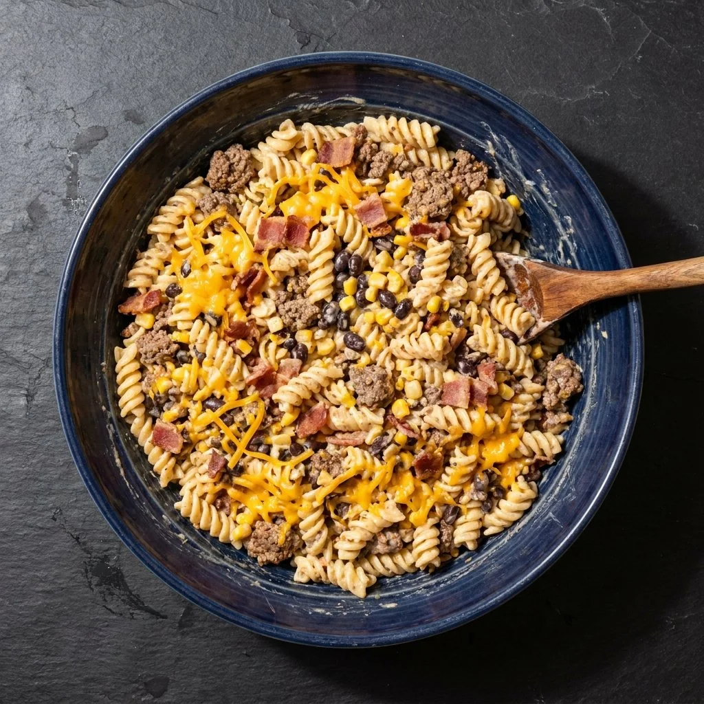 Crockpot ground beef pasta salad with fresh vegetables and dressing