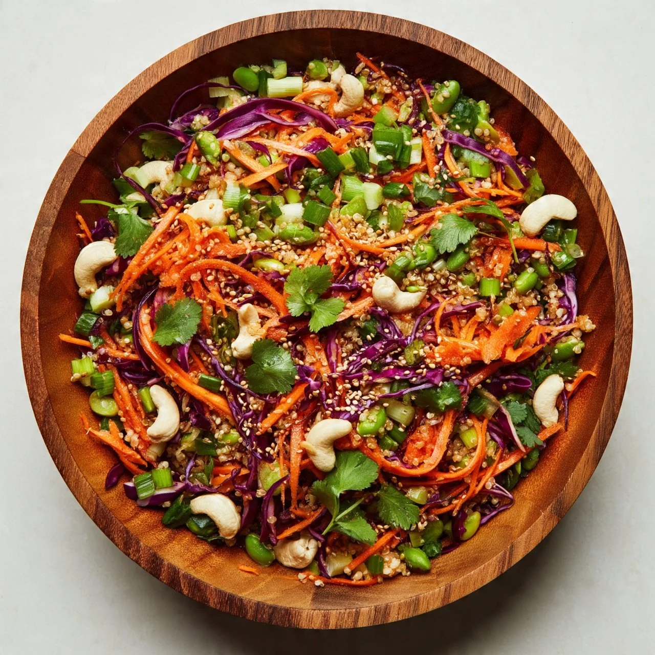Crunchy Quinoa Edamame Salad with vegetables and dressing