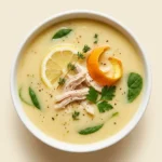 Bowl of high protein chicken lemon soup garnished with herbs and lemon slices.