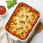 A delicious plate of easy homemade lasagna with layers of cheese and sauce.