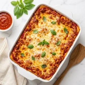 A delicious plate of easy homemade lasagna with layers of cheese and sauce.