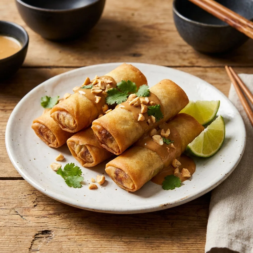 Delicious keto spring rolls with shrimp and peanut sauce, perfect for a low-carb diet.