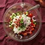 Delicious loaded cottage cheese salad topped with fresh vegetables and herbs.