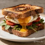 Delicious pesto egg breakfast sandwich on a plate with fresh ingredients.