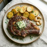Delicious Garlic-Herb Butter Ribeye Steak garnished with fresh herbs.