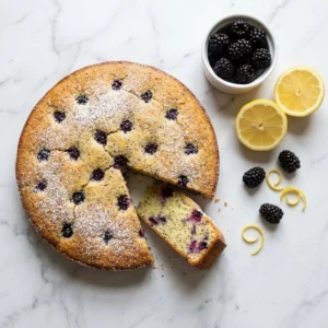 Sliced gluten-free lemon poppy seed blackberry cake on a plate