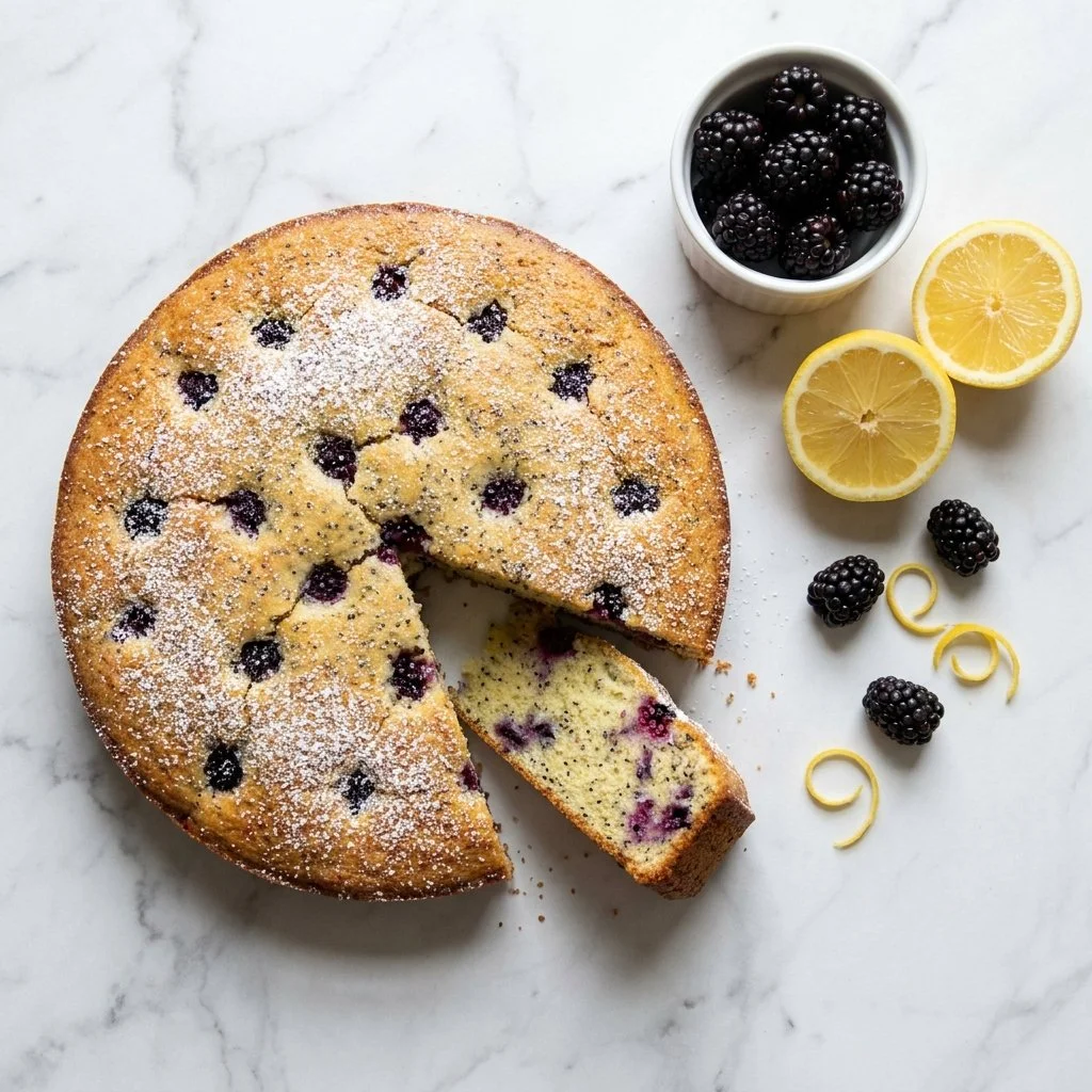 Sliced gluten-free lemon poppy seed blackberry cake on a plate