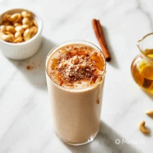 Delicious Goodie Maple Nut Shake in a glass with nuts and maple syrup