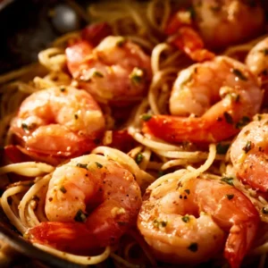 Gordon Ramsay shrimp scampi served with pasta and garlic butter sauce.