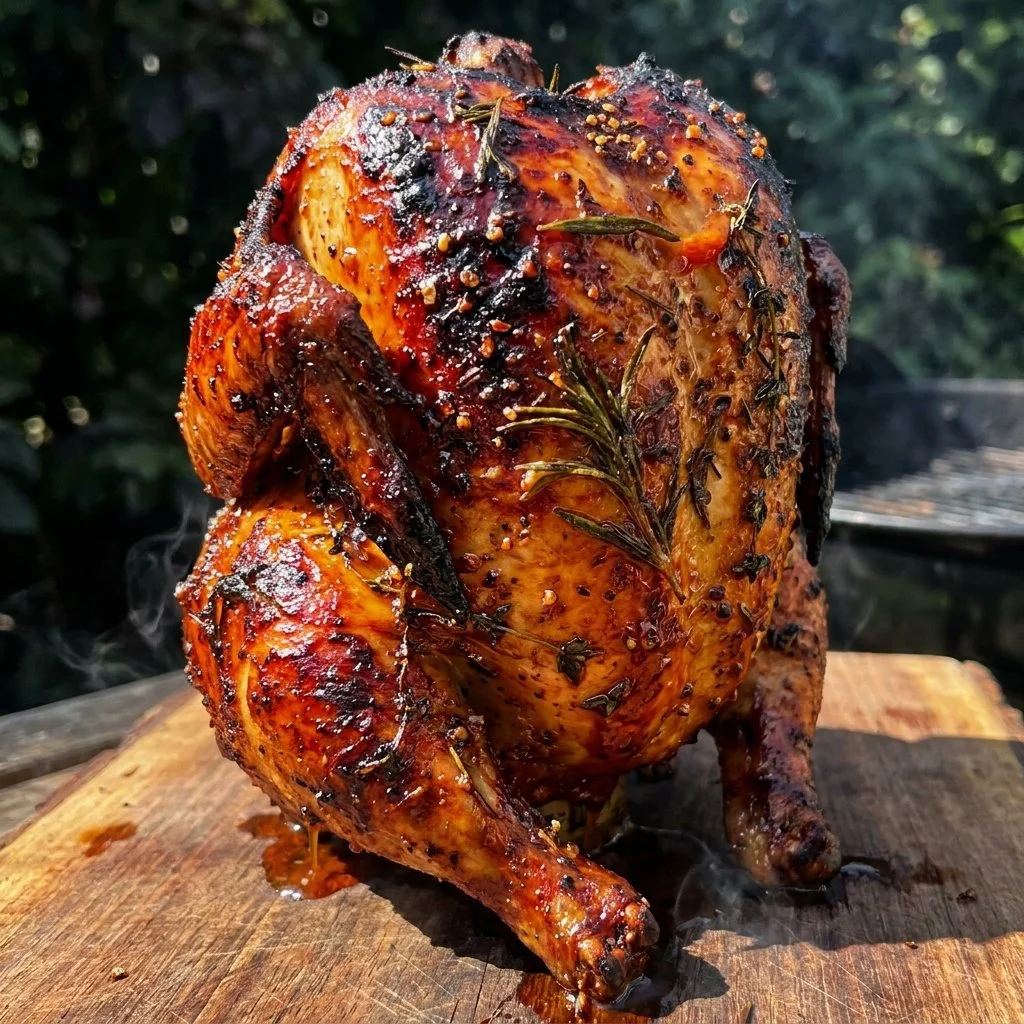 Grilled beer can chicken infused with fresh herbs on the barbecue grill