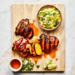 Grilled hot honey chicken with glaze and herbs on a platter