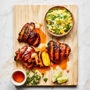 Grilled hot honey chicken with glaze and herbs on a platter