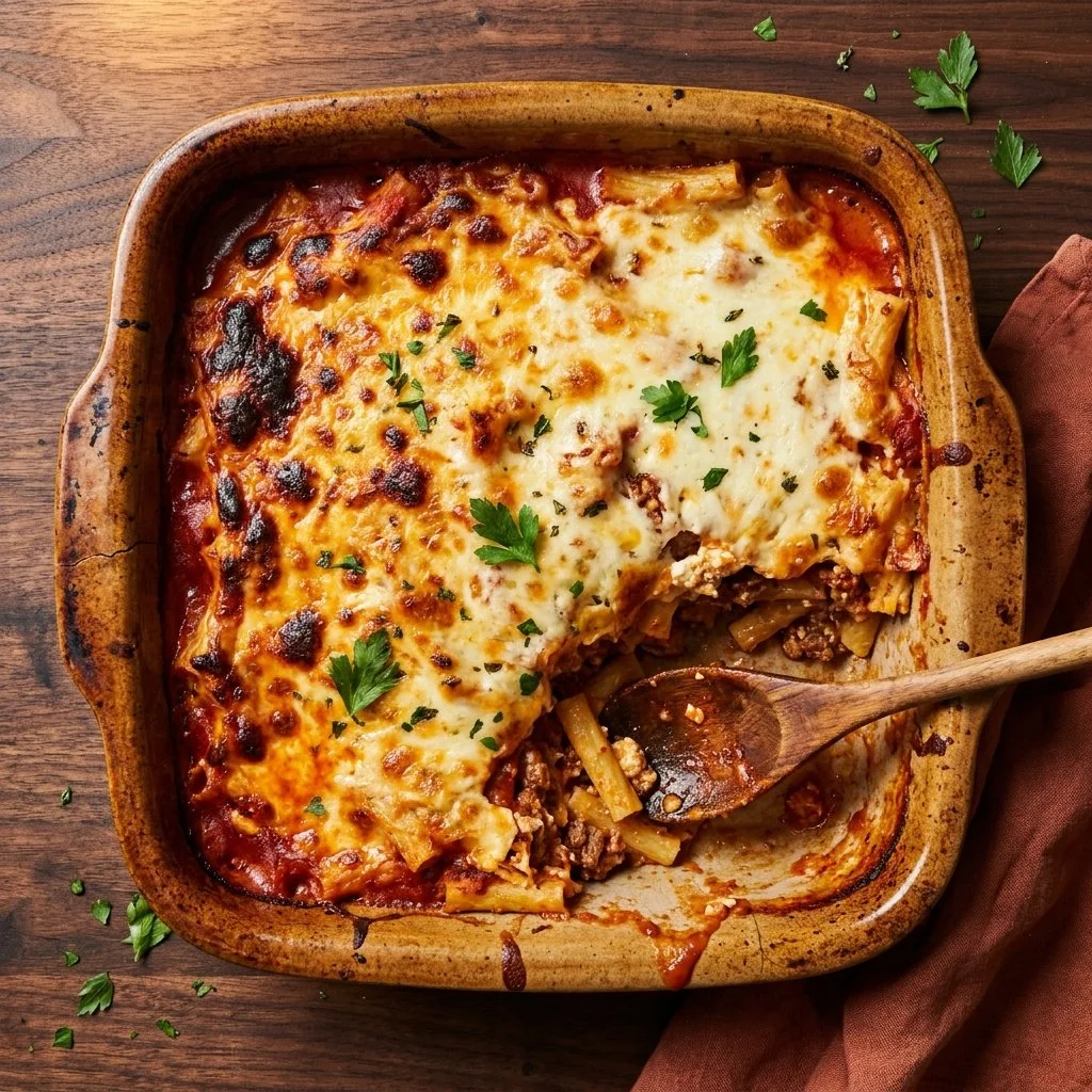 Healthy Baked Ziti with cottage cheese, a high protein dinner option