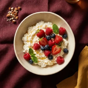 Healthy cottage cheese bowl topped with fresh berries for a nutritious snack
