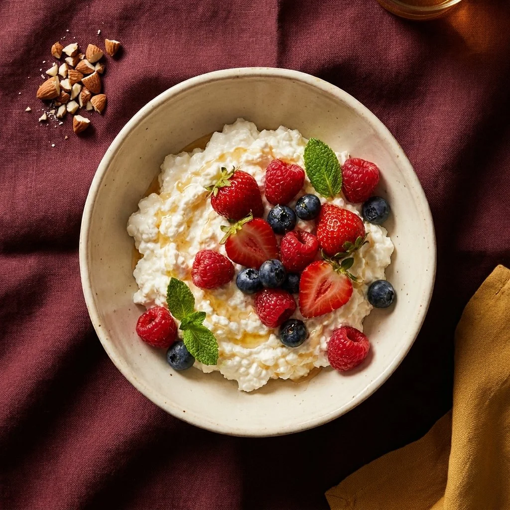 Healthy cottage cheese bowl topped with fresh berries for a nutritious snack