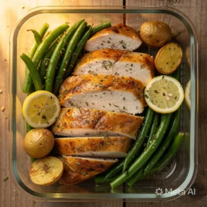 Healthy lemon garlic chicken meal prep bowls with vibrant vegetables and grains.