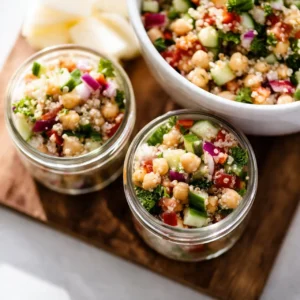 Healthy quinoa salad with fresh vegetables and dressing