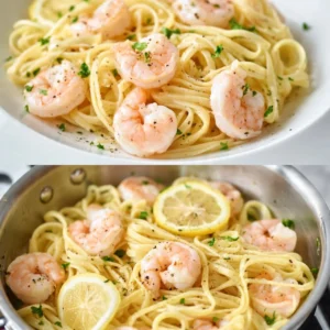 Healthy shrimp scampi linguine dish with garlic and parsley