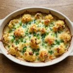 High Protein Buffalo Chicken Cauliflower Casserole dish served in a bowl