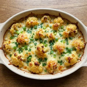 High Protein Buffalo Chicken Cauliflower Casserole dish served in a bowl