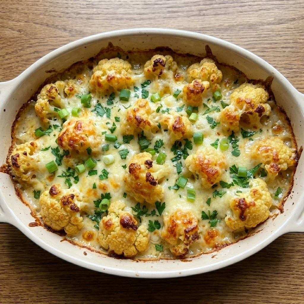High Protein Buffalo Chicken Cauliflower Casserole dish served in a bowl