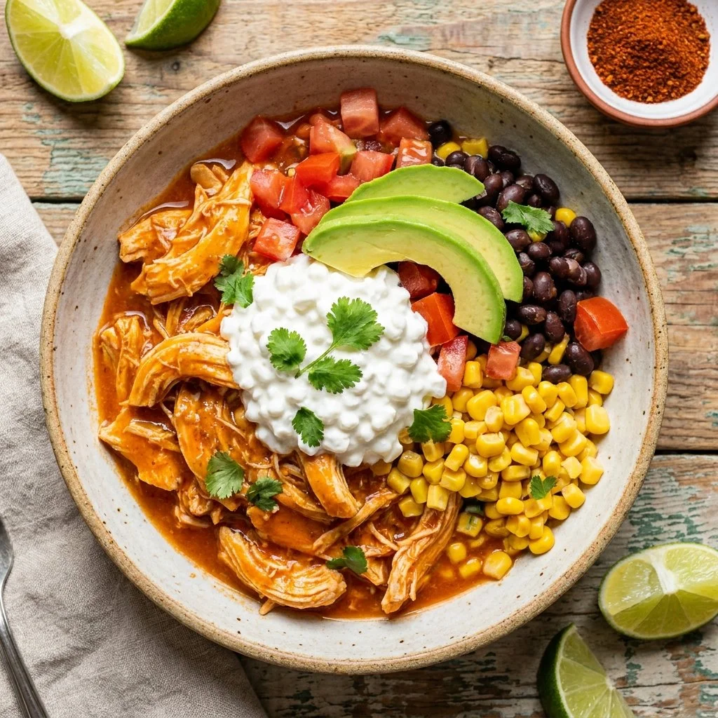 High-protein chicken enchilada bowl with cottage cheese, garnished with fresh toppings.
