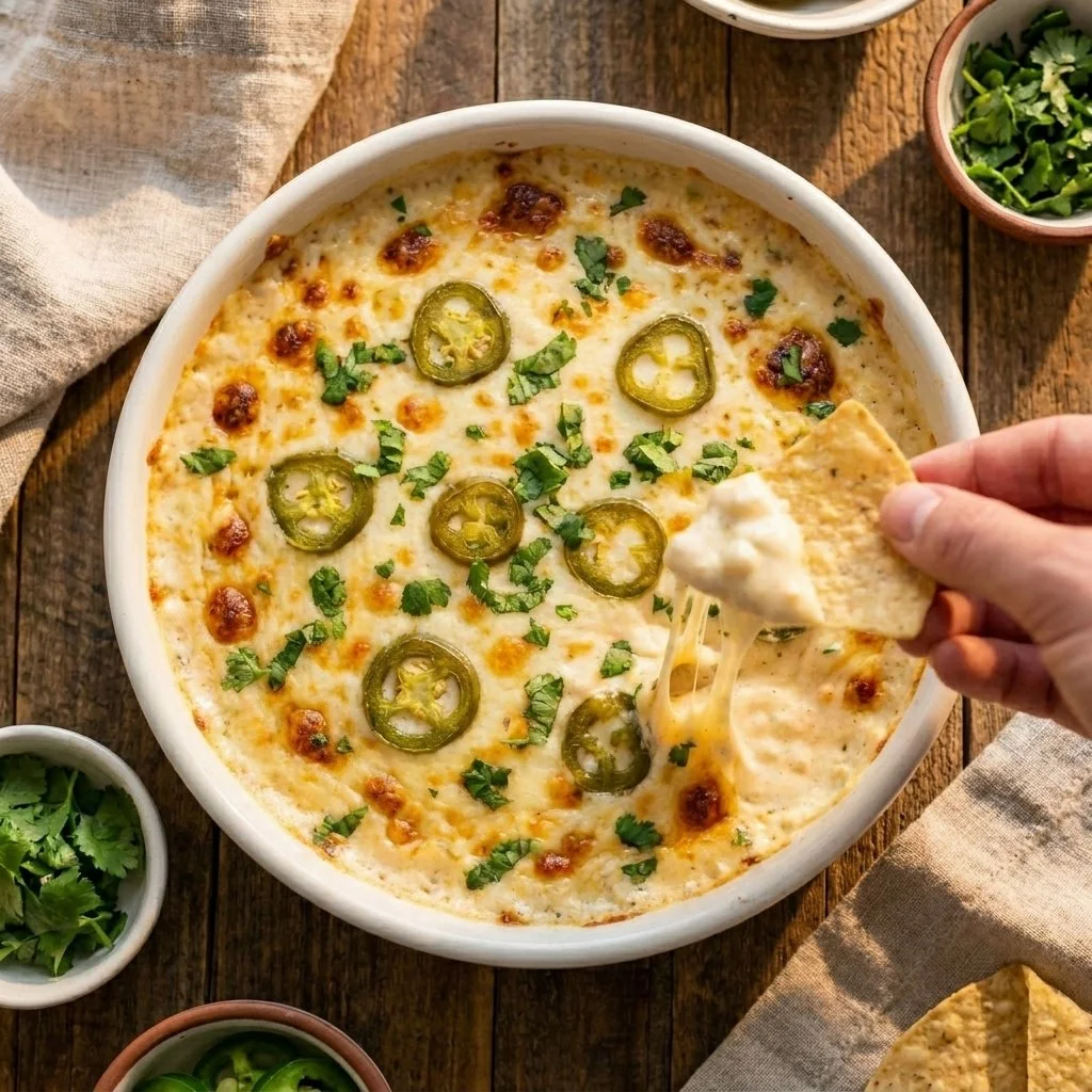 High protein cottage cheese queso served in a bowl with tortilla chips