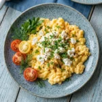 High-protein scrambled eggs mixed with cottage cheese on a plate