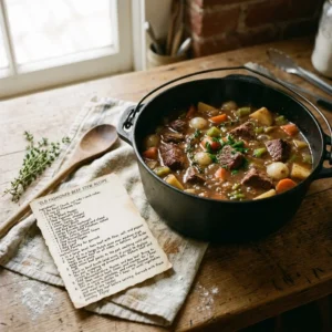 Delicious old fashioned beef stew served in a rustic bowl